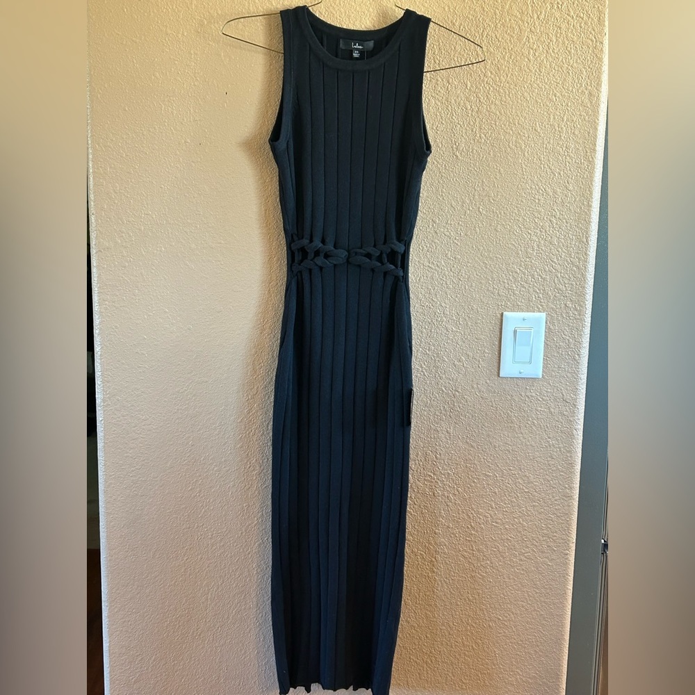 Black Ribbed Knit Cutout Midi Sweater Dress